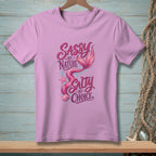 Pink t-shirt with "Sassy by Nature Salty by Choice" text and mermaid graphic.