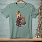Illustration of a mermaid with a glass of champagne sitting on a rock with a lobster.