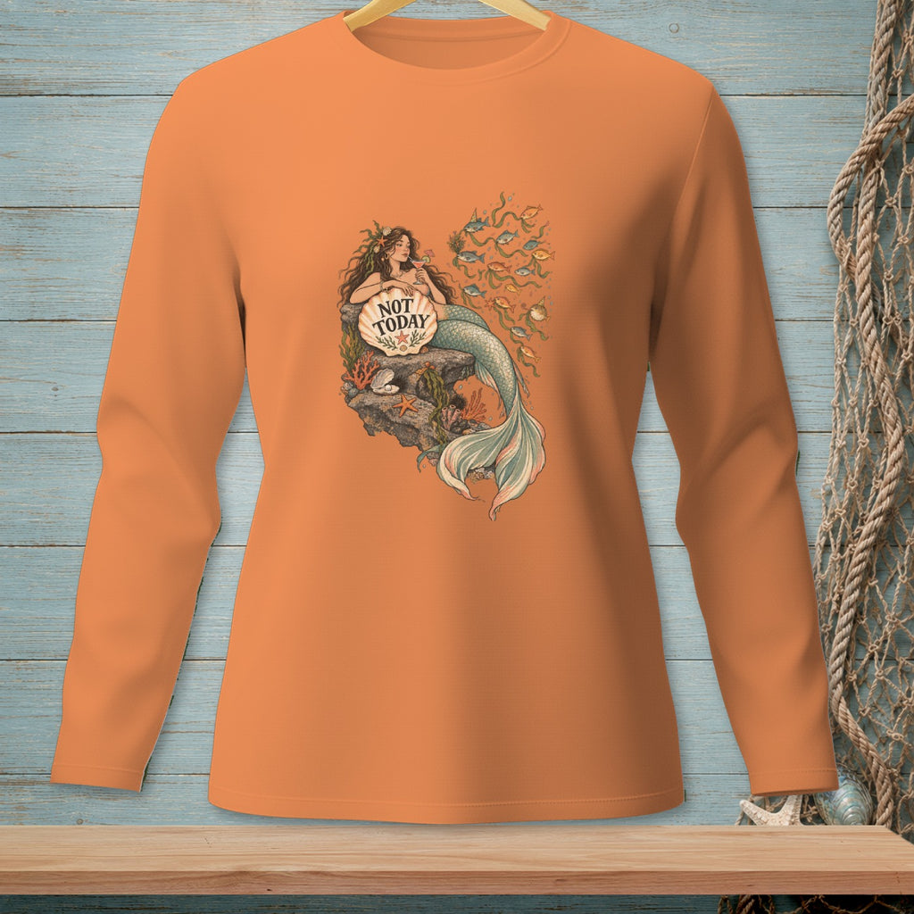 Long-sleeve orange t-shirt with mermaid graphic and "NOT TODAY" text.
