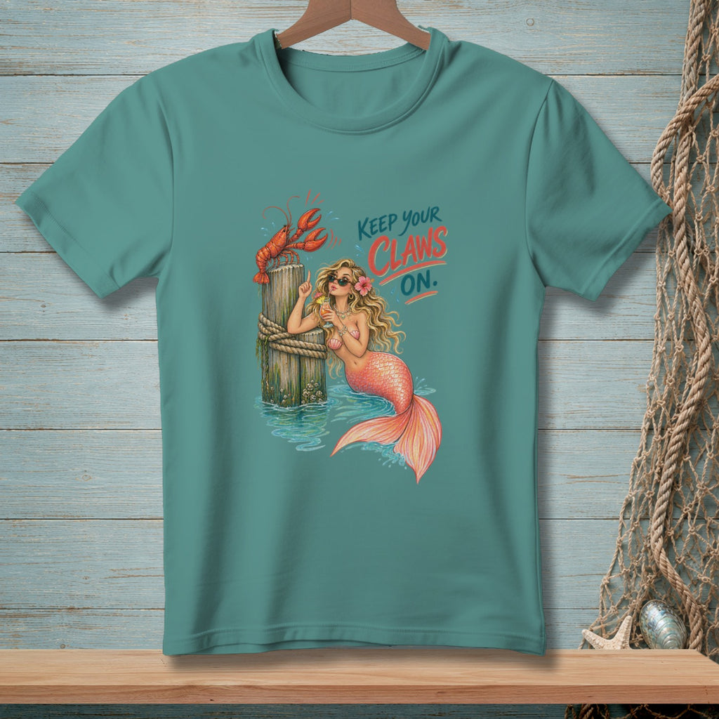 Mermaid with lobster on a post, reads "Keep Your Claws On."