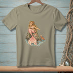 Illustration of a mermaid with a pink tail sitting on a rock, pointing at a crab.