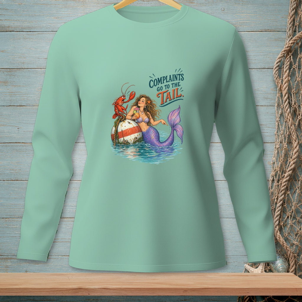 Mermaid with lobster on buoy, "Complaints go to the tail" text, on a light green long-sleeve shirt.