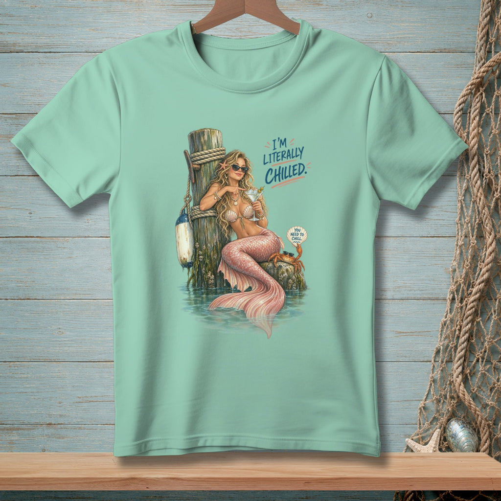 Mermaid with drink on pier, text "I'M LITERALLY CHILLED."