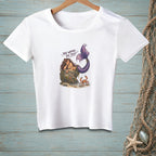 White t-shirt with illustration of a mermaid on a rock with a crab and text "YOU WANNA DO THIS?".