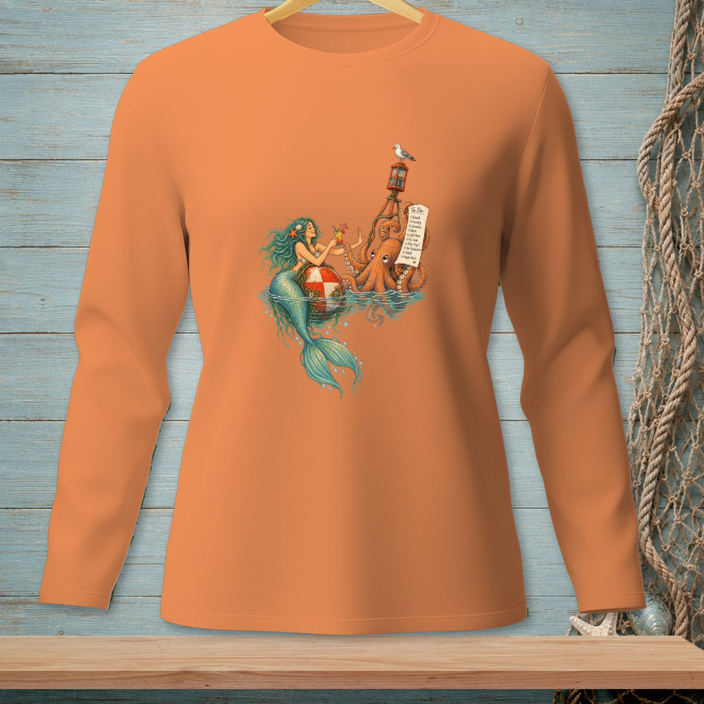 Mermaid and octopus with a to-do list on a lighthouse on an orange long-sleeve shirt.