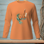 Mermaid and octopus with a to-do list on a lighthouse on an orange long-sleeve shirt.