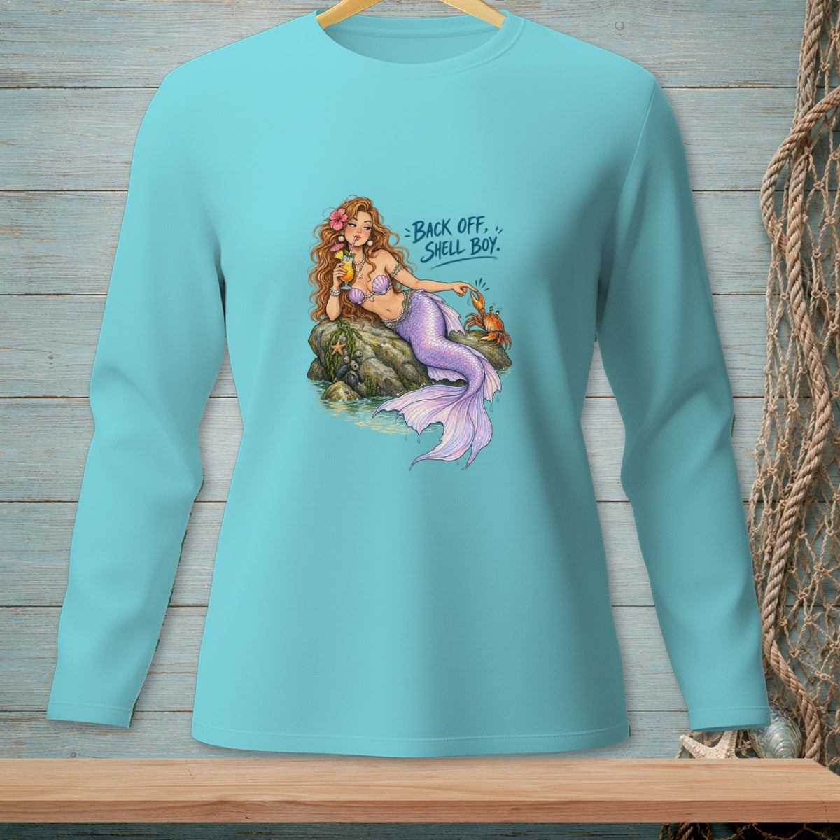 Mermaid with drink on rock, text "BACK OFF, SHELL BOY," and a crab.