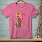 Pink t-shirt with a mermaid and lobster graphic that reads "Use your inside claws."