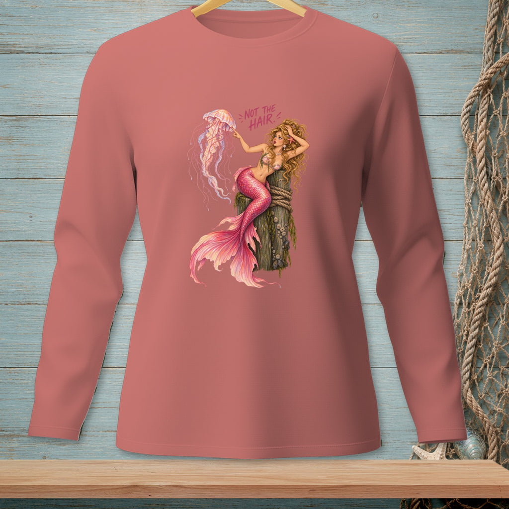 Mermaid with jellyfish on a post, text reads "NOT THE HAIR."