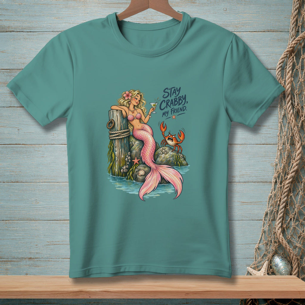 Mermaid with pink tail and crab holding a drink, text "Stay Crabby, My Friend."