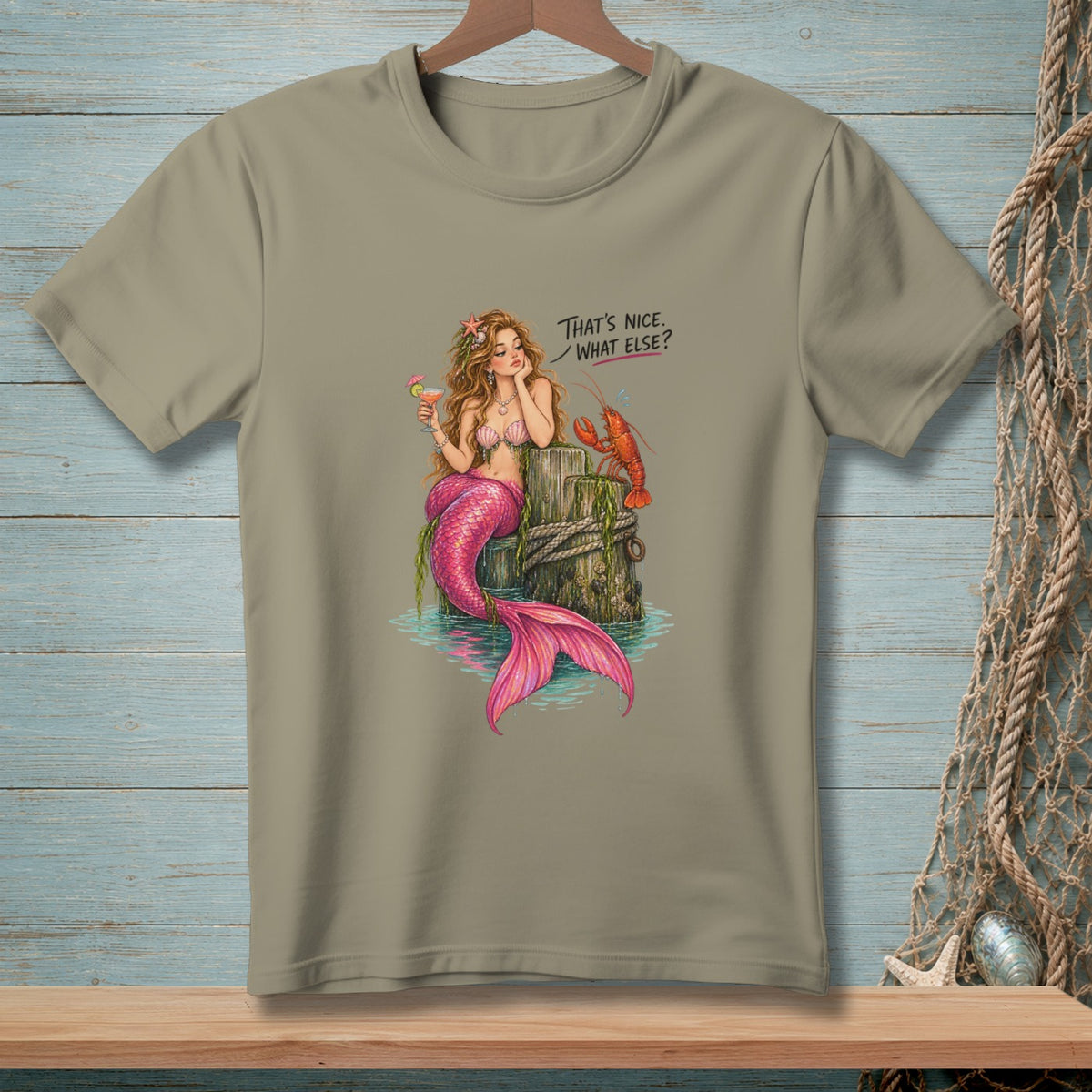 Illustration of a mermaid with a lobster, with text "That's nice. What else?".