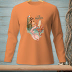 Orange long-sleeve shirt with mermaid, octopus, seagull, and "I've Prioritized" text.