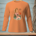 Orange long-sleeve shirt with mermaid and lobster graphic reading "Be So Serious."