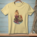 Pale yellow t-shirt featuring a mermaid holding a champagne glass with a lobster.