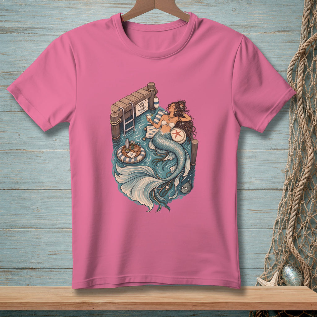Mermaid relaxing on a dock with a drink and a sign that says "Share the Water."