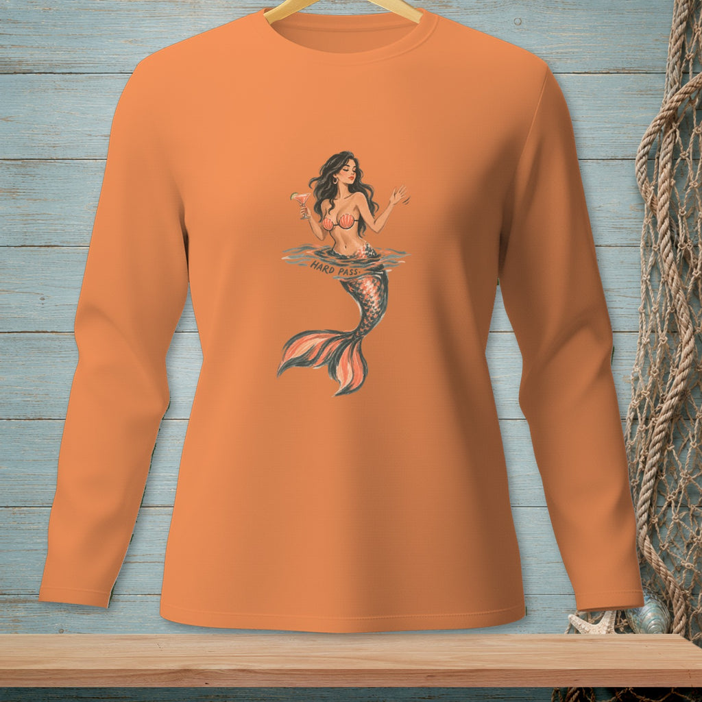 Orange long-sleeve shirt with a mermaid holding a drink and the text "HARD PASS."