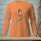Orange long-sleeve shirt with a mermaid holding a drink and the text "HARD PASS."