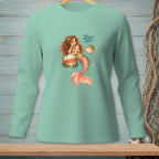 Long-sleeve shirt with mermaid resting on buoy and puff fish with text.