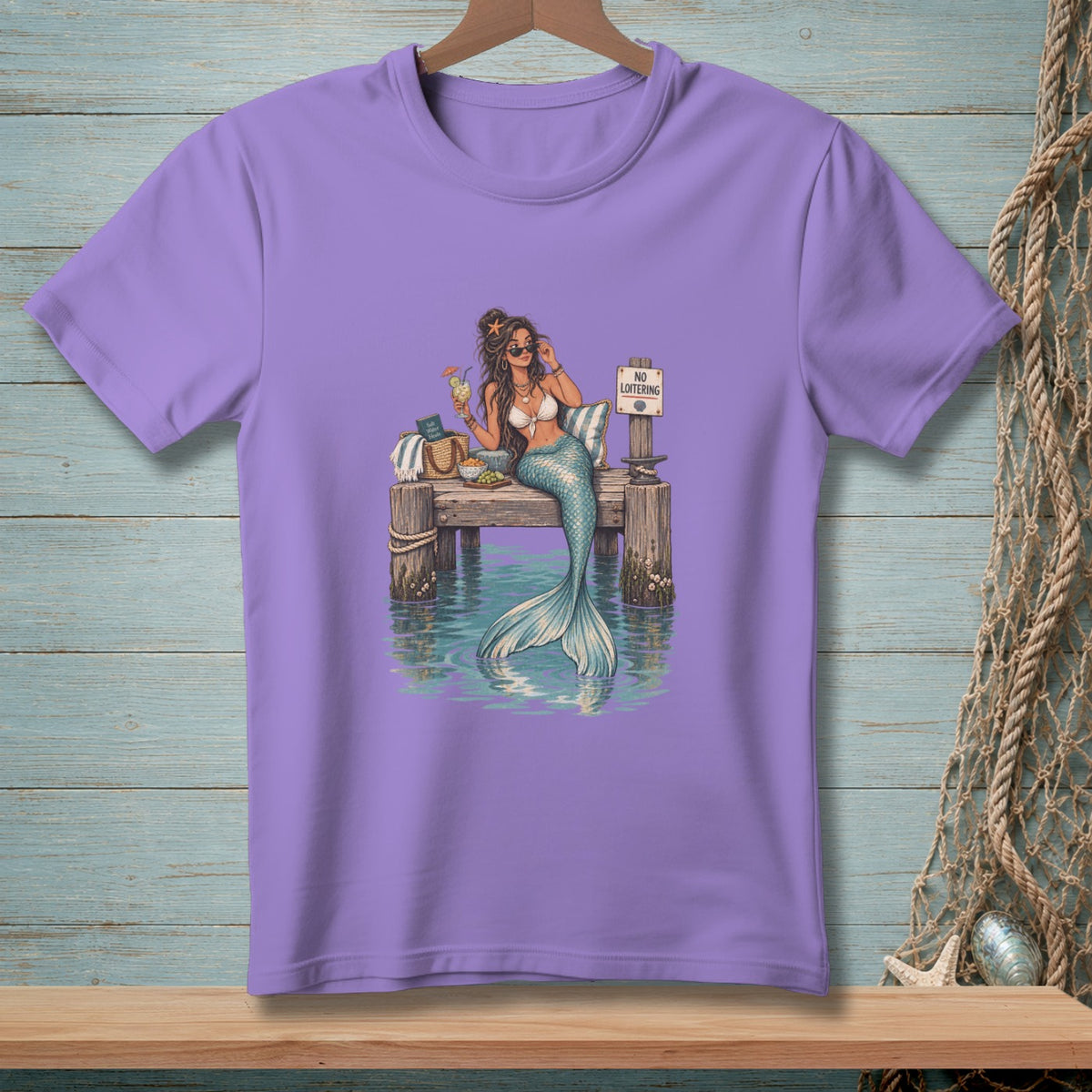 Illustration of a mermaid sitting on a dock with a drink and a "No Loitering" sign.