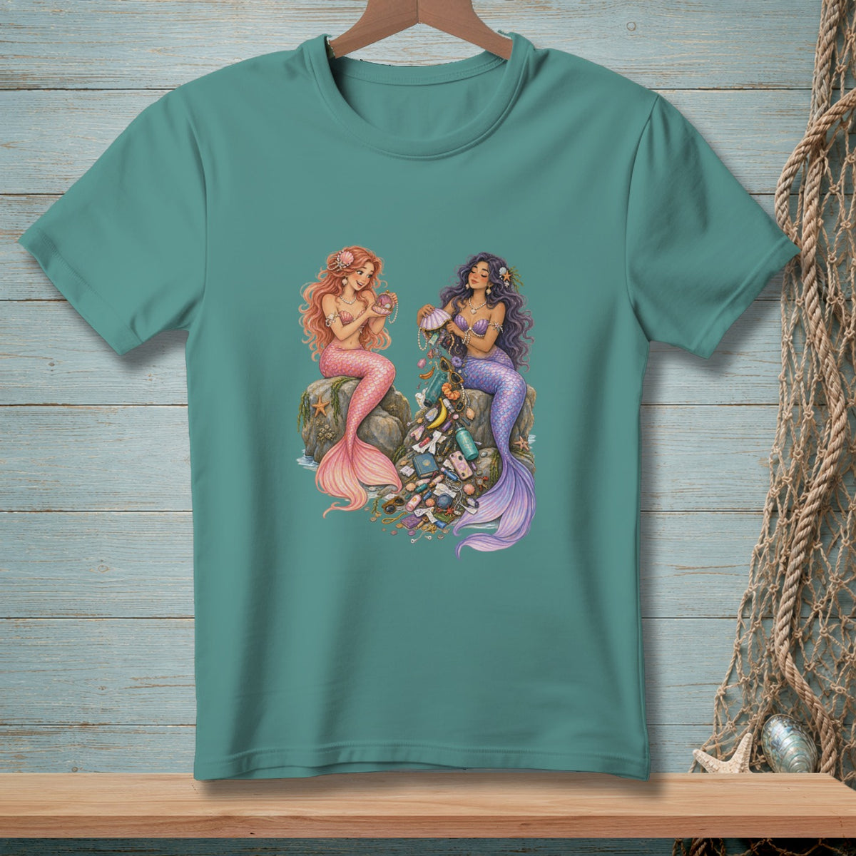 Two mermaids sit on rocks surrounded by beach trash, with one holding a pearl.