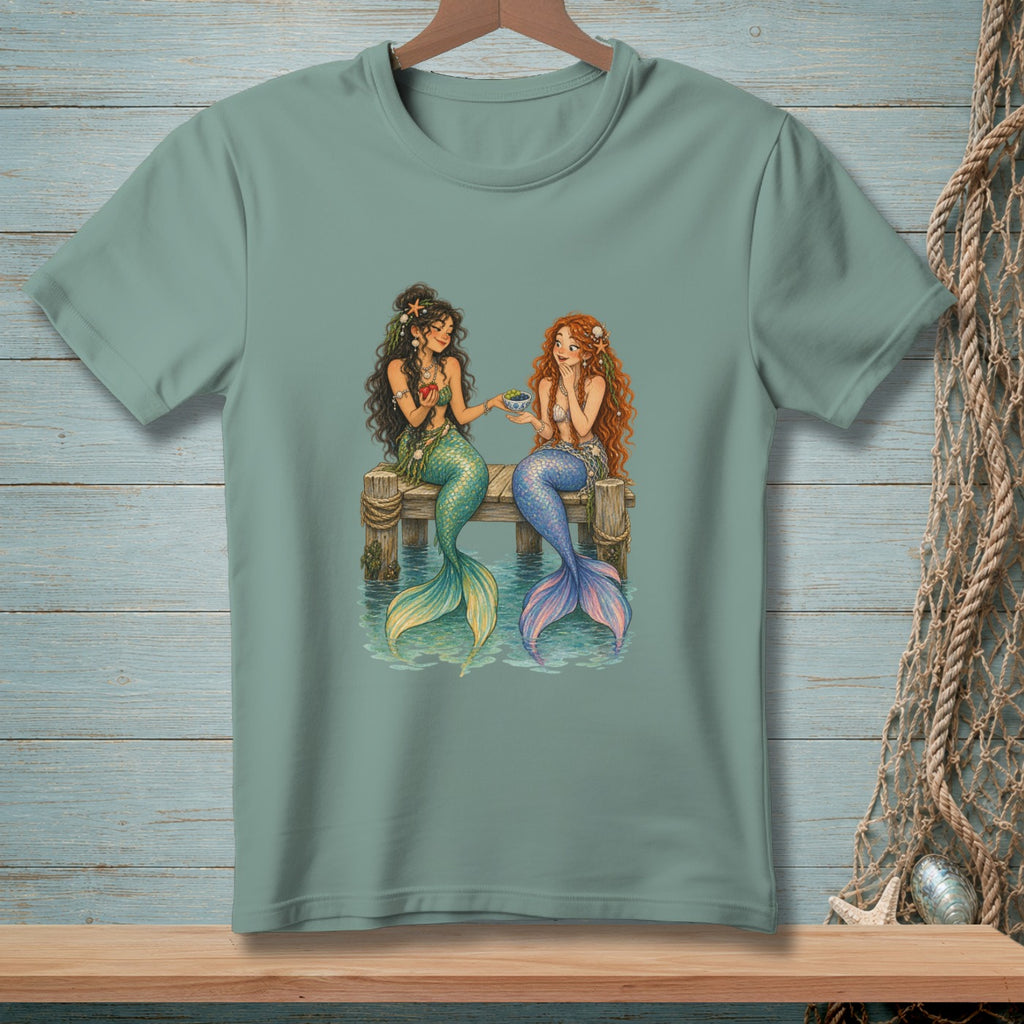 Two mermaids sharing fruit on a wooden dock.