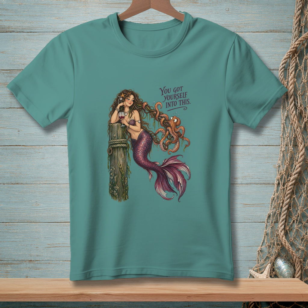 Teal t-shirt with a mermaid tangled in an octopus and text "You got yourself into this."