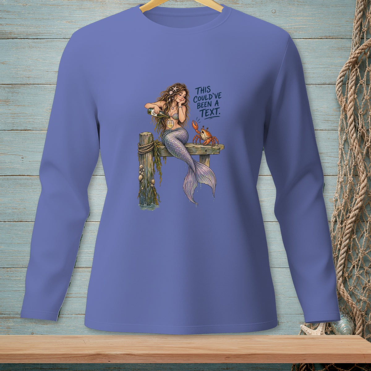 Mermaid pouring wine with crab and text "This could've been a text".