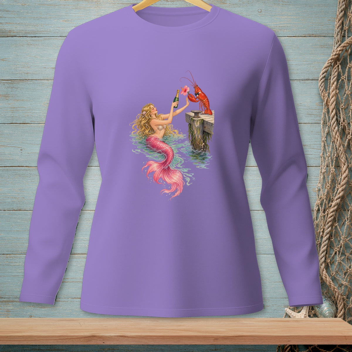 Mermaid with pink tail offers champagne to a lobster on a pier.