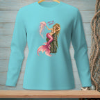 Mermaid touching jellyfish, text "Not the Hair", on a light blue long-sleeve shirt.