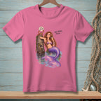 Mermaid with crab and text "We agree, then." on pink t-shirt.