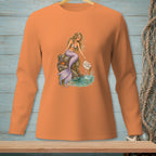 Orange long-sleeve shirt with a mermaid sitting on a rock, holding a sign that says "Fix Your Expectations."