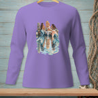 Three mermaids have a picnic on a dock reflected in the water.