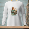 Mermaid with wine glass offers food to a seagull on a rock in the ocean.