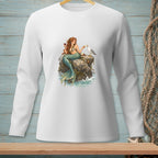 Mermaid with wine glass offers food to a seagull on a rock in the ocean.
