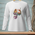 Mermaid and lobster by a buoy in the water on a white long-sleeved shirt.