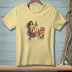Mermaid and octopus with "Circle Back Never" sign on a yellow t-shirt.