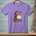 Mermaid with pufferfish and text "Puff Happens" on a purple t-shirt.