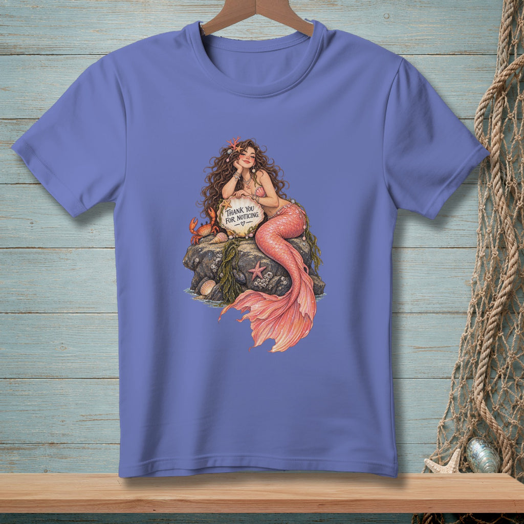 Mermaid with crab and sign saying "Thank You For Noticing ♡".