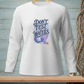 White long-sleeve shirt with "Don't Test the Waters" text, mermaid tail, and crab.