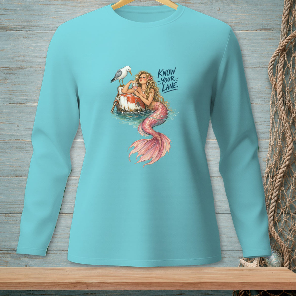 Mermaid with seagull on buoy and text "Know Your Lane".