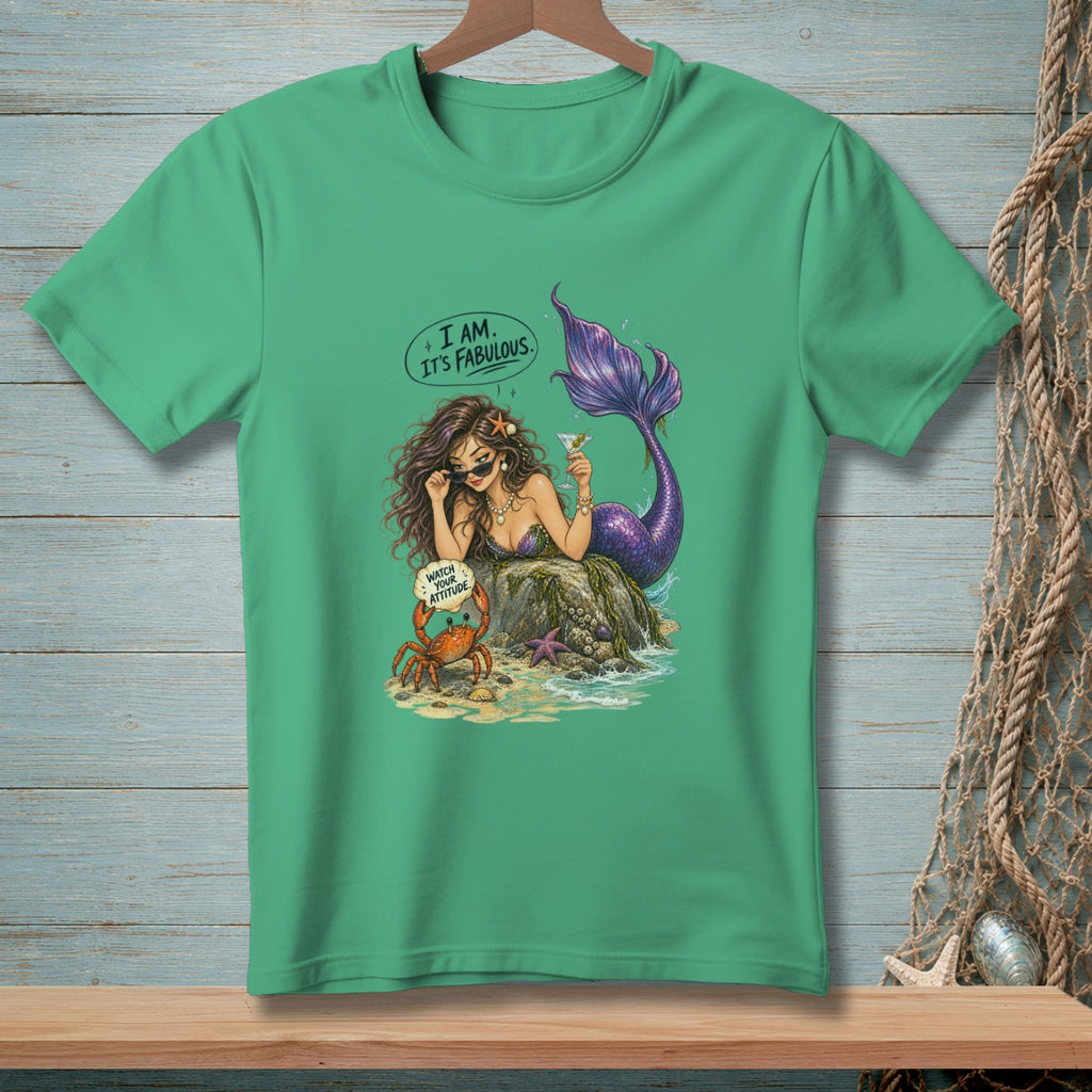 Mermaid with purple tail and sunglasses, holding a drink, with a crab saying "Watch Your Attitude".