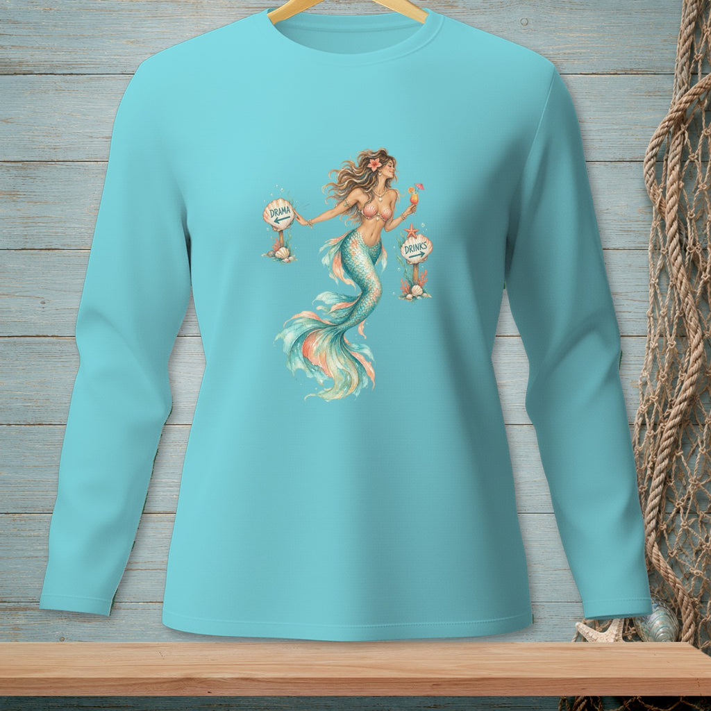 Teal long-sleeve shirt with a mermaid holding a drink between signs labeled "Drama" and "Drinks".