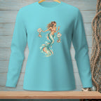 Teal long-sleeve shirt with a mermaid holding a drink between signs labeled "Drama" and "Drinks".