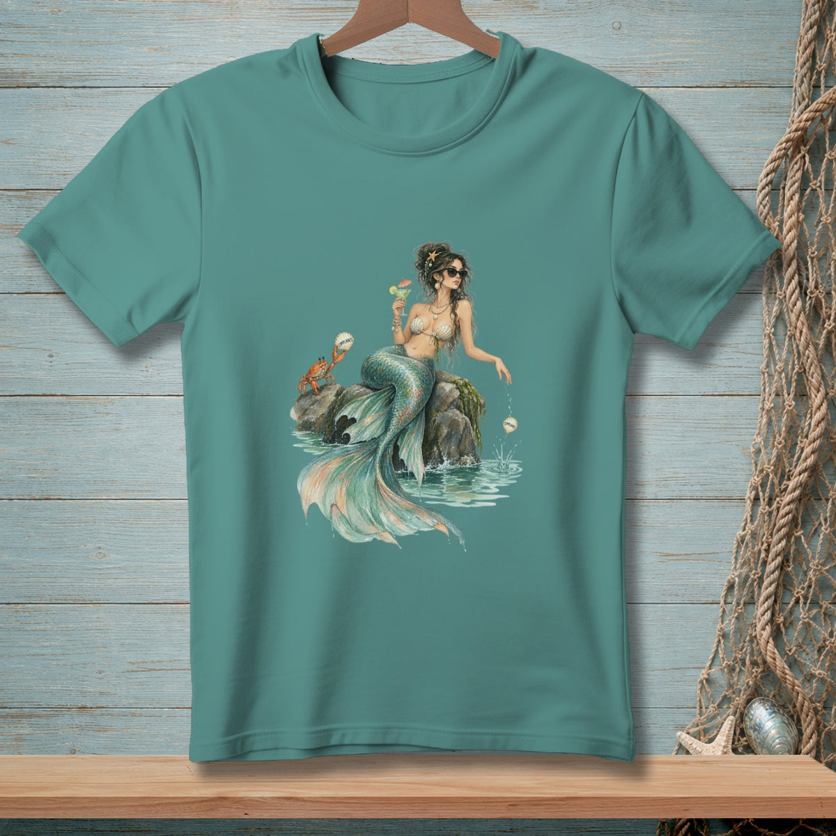 Mermaid with sunglasses and cocktail on rock, with a crab by her side.