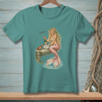 Mermaid with champagne and crab on dock, text "PERFECT."