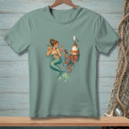 Mermaid holding cocktails with octopus and seagull by a buoy.