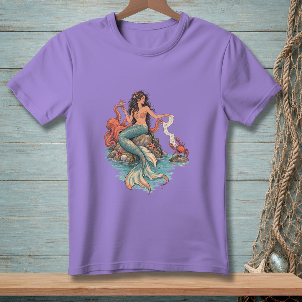 Mermaid holding a drink and a scroll, with an octopus and crab nearby.