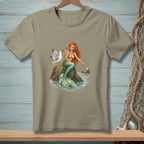 Mermaid with red hair, green tail, and seagull on a rock, next to a pearl.