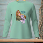 Mermaid with drink on rock by water with crab, text "Back Off, Shell Boy."