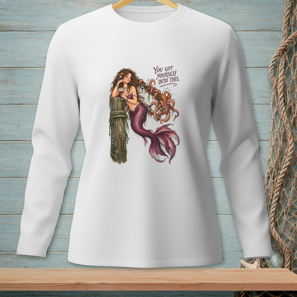 Mermaid with tentacles and wine leans on post with text "You got yourself into this."